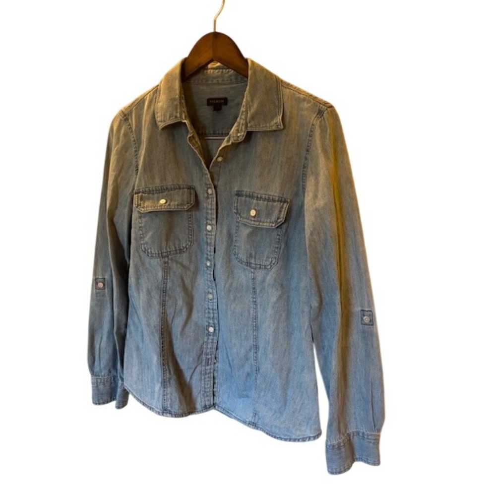 Talbots Denim Shirt Women's 12 Blue Light Wash Roll Tab Sleeve Cotton Chambray